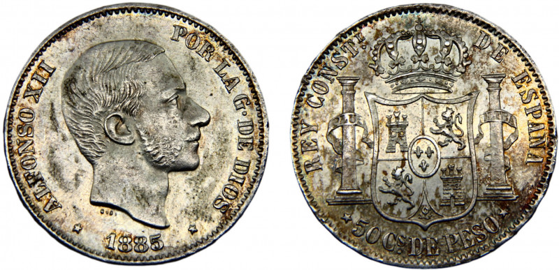 Philippines Spanish colony Alfonso XII 50 Céntimos 1885 Manila mint Silver 12.89...