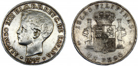 Philippines Spanish colony Alfonso XIII 1 Peso 1897 Manila mint Silver 25.38g KM# 154