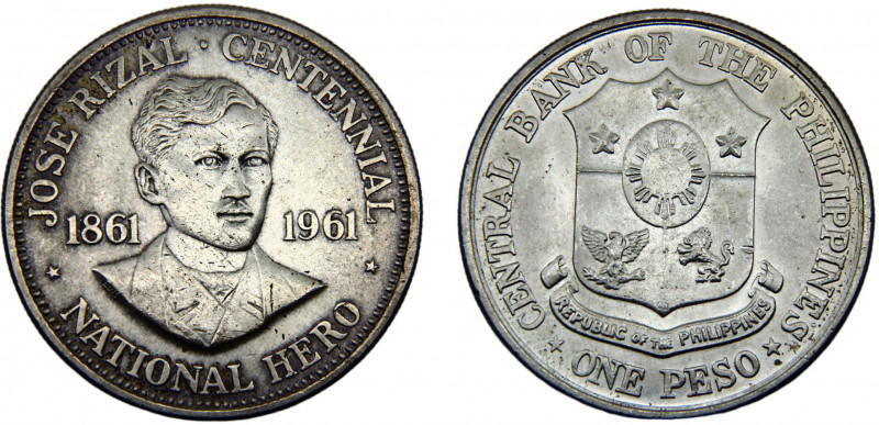 Philippines Republic 1 Peso 1961 Philadelphia mint 100th Anniversary Birth of Dr...