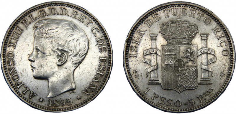 Puerto Rico Spanish colony Alfonso XIII 1 Peso 1895 PGV Madrid mint Silver 24.91...