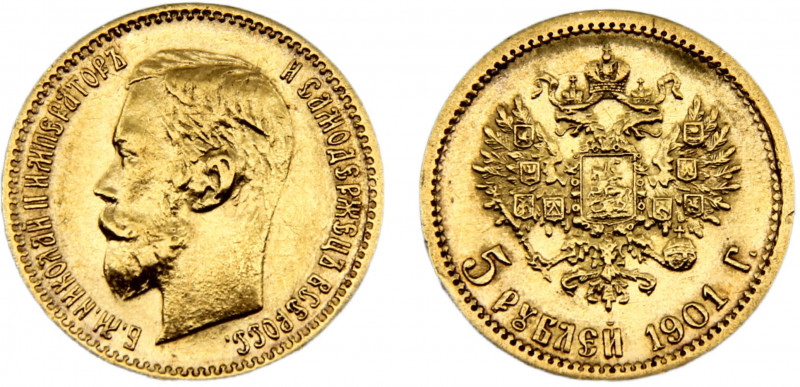 Russia Empire Nikolai II 5 Rubles 1901 АР St. Petersburg mint Gold 0.9 4.29g Y# ...