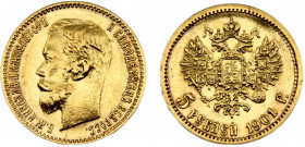 Russia Empire Nikolai II 5 Rubles 1901 АР St. Petersburg mint Gold 0.9 4.29g Y# 62