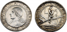 San Marino Republic 5 Lire 1933 R Rome mint(Mintage 50000) Silver 5g KM# 9