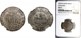 Spain Kingdom Principality of Catalonia Isabel II 1 Peseta 1836 B PS Barcelona mint NGC AU53 Silver KM# 129