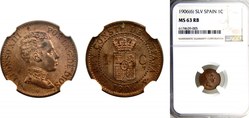 Spain Kingdom Alfonso XIII 1 Centimo 1906 *19-06 SLV NGC MS63 RB, 4th portrait B...