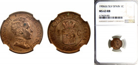 Spain Kingdom Alfonso XIII 1 Centimo 1906 *19-06 SLV NGC MS63 RB, 4th portrait Bronze KM# 726