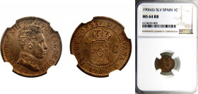 Spain Kingdom Alfonso XIII 1 Centimo 1906 *19-06 SLV NGC MS64 RB, 4th portrait Bronze KM# 726