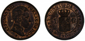 Spain Kingdom Alfonso XIII 1 Centimo 1906 *6 SMV Madrid mint Rare Bronze 1.1g KM# 726