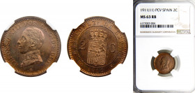Spain Kingdom Alfonso XIII 2 Centimos 1911 *19-11 PCV NGC MS63 BN, 5th portrait Bronze KM# 732