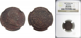 Spain Kingdom Fernando VII 2 Maravedis 1827 Segovia mint NGC MS64 BN Copper KM# 487