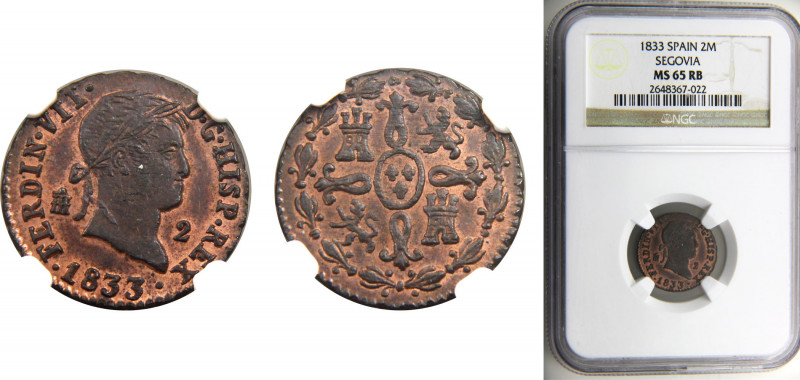 Spain Kingdom Fernando VII 2 Maravedis 1833 Segovia mint NGC MS65 RB Copper KM# ...