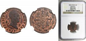 Spain Kingdom Fernando VII 2 Maravedis 1833 Segovia mint NGC MS65 RB Copper KM# 487