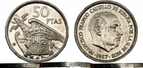 Spain Nationalist Government Francisco Franco 50 Pesetas 1957 *19-58 Madrid mint "UNA-LIBRE-GRANDE" on the edge, Rare Copper-nickel 12.54g KM# 788