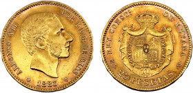 Spain Kingdom Alfonso XII 25 Pesetas 1883 *18-83 MSM Madrid mint 3rd portrait Gold 0.9 8.05g KM# 687