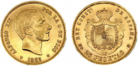 Spain Kingdom Alfonso XII 25 Pesetas 1885 *18-85 MSM Madrid mint 3rd portrait, Rare Gold 0.9 8.07g KM# 687