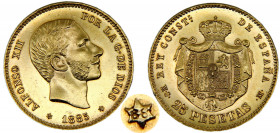 Spain Kingdom Alfonso XII 25 Pesetas 1885 *18-86 MSM Madrid mint 3rd portrait, Star 86 ,Very Very Rare Gold 0.9 8.07g KM# 687