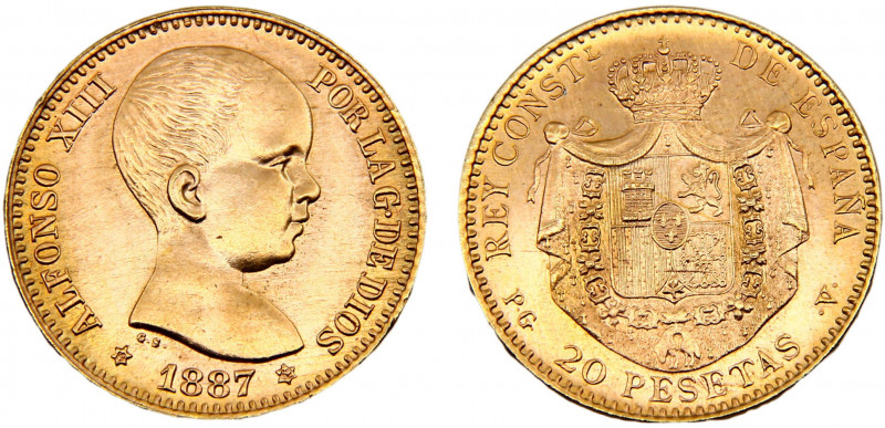 Spain Kingdom Alfonso XIII 20 Pesetas 1887 *19-62 PGV Madrid mint(Mintage 11000)...