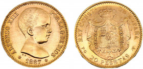 Spain Kingdom Alfonso XIII 20 Pesetas 1887 *19-62 PGV Madrid mint(Mintage 11000) 1st portrait Gold 0.9 6.46g KM# 693