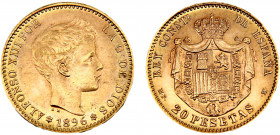 Spain Kingdom Alfonso XIII 20 Pesetas 1896 *19-62 MPM Madrid mint(Mintage 12000) 3rd portrait Gold 0.9 6.45g KM# 709