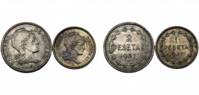 Spain Second Republic Euzkadi 1 Peseta/2 Pesetas 1937 Brussels mint 2 Lots, Civil War coins Nickel KM# 1-2