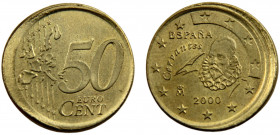 Spain Kingdom Juan Carlos I 50 Euro Cent 2000 M Madrid mint Mint Error Struck Off Center, Miguel de Cervantes Nordic gold 7.77g KM# 1045