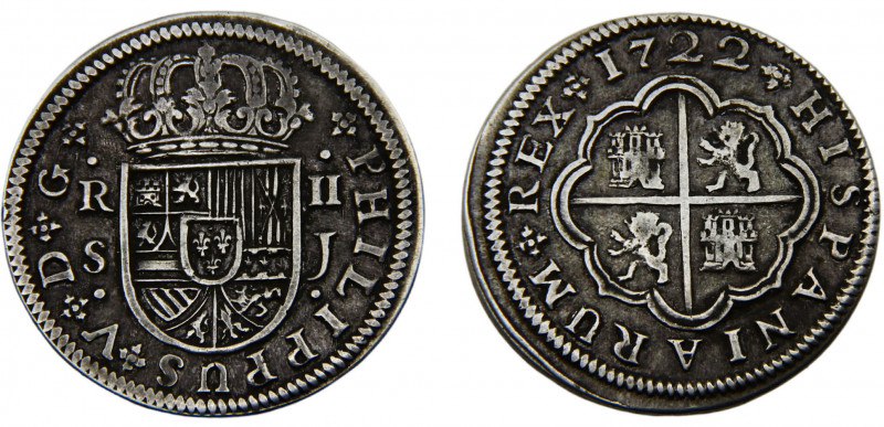 Spain Kingdom philip V 2 Reales 1722 S J Seville mint 1st type Silver 5.93g KM# ...