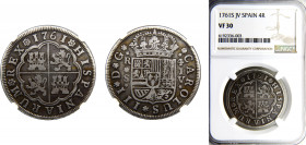 Spain Kingdom Carlos III 4 Reales 1761 S JV Seville mint NGC VF30 Silver KM#396.2