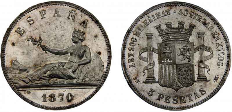 Spain Provisional Government 5 Pesetas 1870 *18-70 SNM Madrid mint Silver 24.87g...