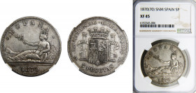 Spain Provisional Government 5 Pesetas 1870 *18-70 SNM NGC XF45 Silver KM# 655