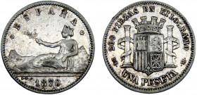 Spain Provisional Government 1 Peseta 1870 *18-73 DEM Madrid mint Silver 5.01g KM# 653