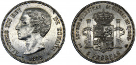 Spain Kingdom Alfonso XII 5 Pesetas 1875 *18-75 DEM Madrid mint 1st portrait Silver 25.01g KM# 671