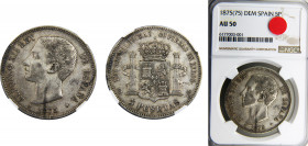 Spain Kingdom Alfonso XII 5 Pesetas 1875 *18-75 DEM NGC AU50, 1st portrait Silver KM# 671