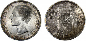 Spain Kingdom Alfonso XII 5 Pesetas 1877 *18-77 DEM Madrid mint 2nd portrait Silver 25.01g KM# 676