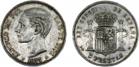 Spain Kingdom Alfonso XII 5 Pesetas 1877 *18-77 DEM 2nd portrait Silver 24.78g KM# 676