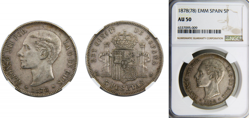 Spain Kingdom Alfonso XII 5 Pesetas 1878 *18-78 EEM NGC AU50, 2nd portrait Silve...