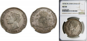 Spain Kingdom Alfonso XII 5 Pesetas 1878 *18-78 EEM NGC AU50, 2nd portrait Silver KM# 676