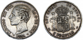 Spain Kingdom Alfonso XII 5 Pesetas 1879 *18-79 EEM 2nd portrait Silver 24.92g KM# 676