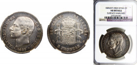 Spain Kingdom Alfonso XII 5 Pesetas 1885 *18-87 MPM NGC AUD, 3rd portrait Silver KM# 688