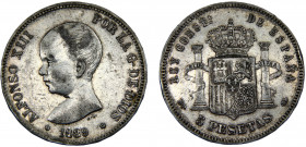 Spain Kingdom Alfonso XIII 5 Pesetas 1889 *18-89 MPM 1st portrait Silver 24.9g KM# 689