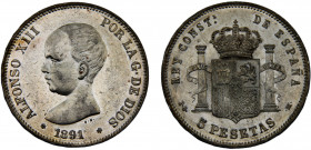 Spain Kingdom Alfonso XIII 5 Pesetas 1891 *18-91 PGM Madrid mint 1st portrait Silver 24.93g KM# 689