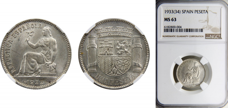 Spain Second Republic 1 Peseta 1933 *19-34 NGC MS63 Silver KM# 750