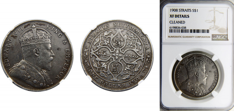 Straits Settlements British crown colony Edward VII 1 Dollar 1908 Royal mint NGC...