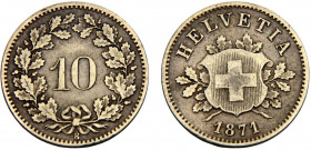 Switzerland Federal State 10 Rappen 1871 B Bern mint Billon 10% silver 2.48g KM# 6