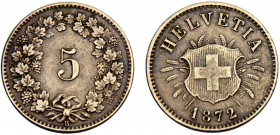 Switzerland Federal State 5 Rappen 1872 B Bern mint Billon 5% silver 1.67g KM# 5