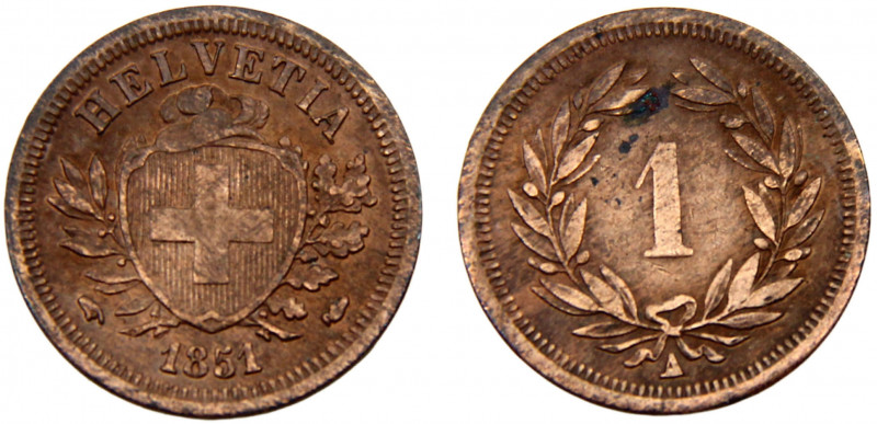 Switzerland Federal State 1 Rappen 1851 A Paris mint Bronze 1.46g KM# 3