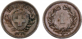 Switzerland Federal State 1 Rappen 1863 B Bern mint Bronze 1.53g KM# 3