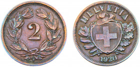 Switzerland Federal State 2 Rappen 1920 B Bern mint Bronze 2.47g KM# 4
