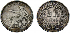 Switzerland Federal State 2 Francs 1862 B Bern mint Helvetia seated Silver 0.8 9.83g KM# 10a