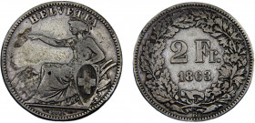 Switzerland Federal State 2 Francs 1863 B Bern mint Helvetia seated Silver 0.8 9.74g KM# 10a
