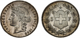 Switzerland Federal State 5 Francs 1888 B Bern mint(Mintage 25000 ) Head of Helvetia, first year Silver 25g KM# 34